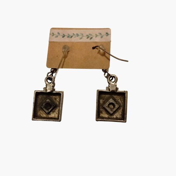 Square SilverTone Dangle Earrings Art Deco Design - Picture 4 of 4